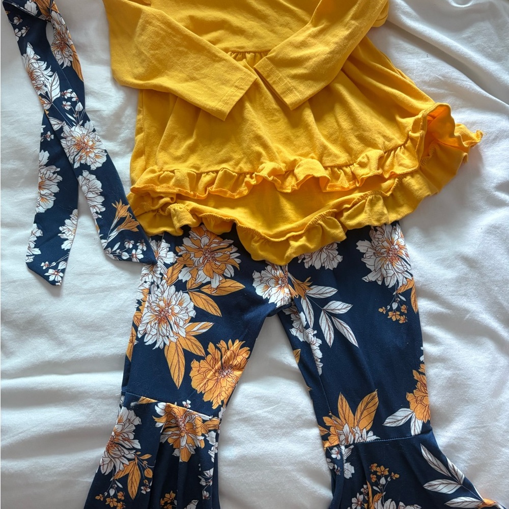 Yellow Ruffle Top and Floral Pants Set